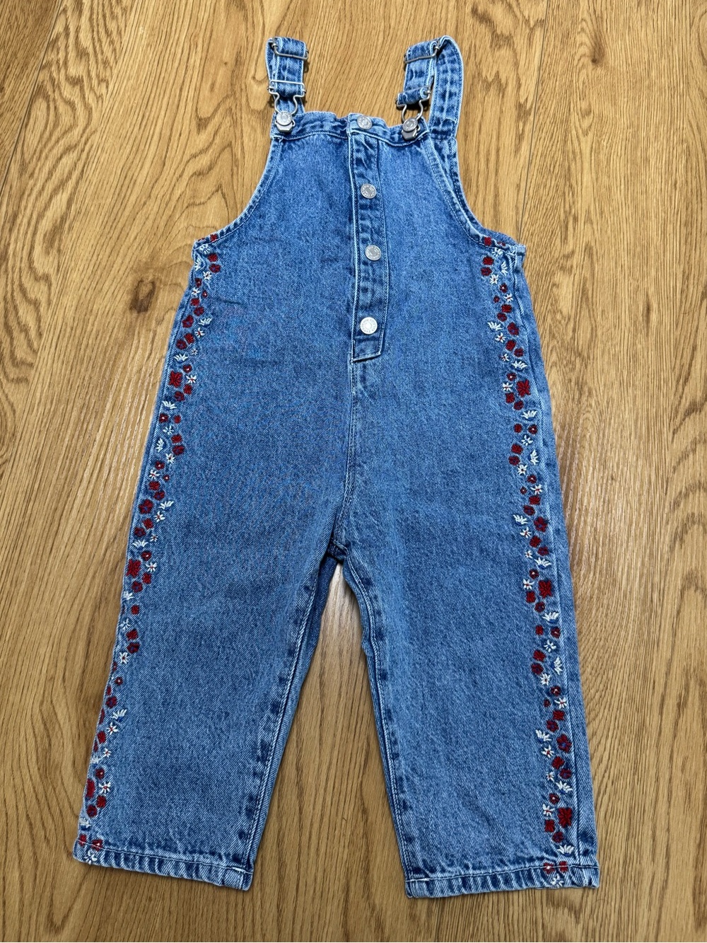 Zara Blue Denim Overalls with Red Floral Side Embroidery